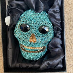 Teal Crystal Skull Purse with Gold Details